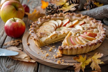 Apple Pie Slice, Fruit Cinnamon Dessert, Apple Cake, Delicious Thanksgiving Tart, Copy Space