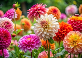 Vibrant pink, orange, and white dahlias burst with beauty in a lush garden setting, creating a stunning colorful backdrop of blossoming flowers in full bloom.