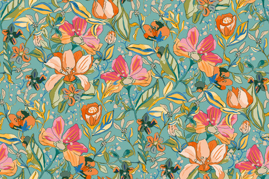 Cute feminine watercolor seamless pattern with wildflowers.hand drawn, not AI