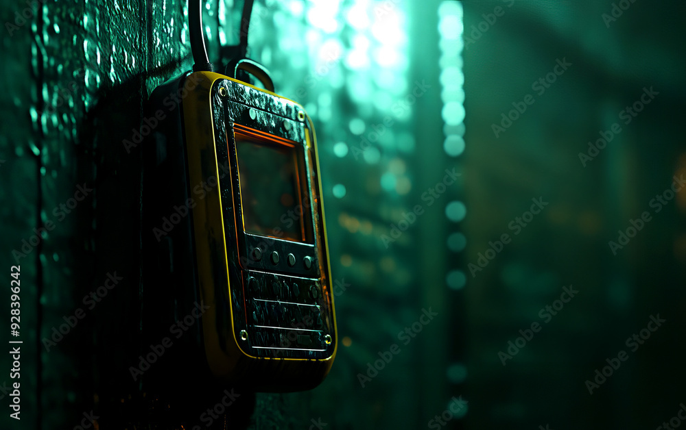Aufkleber a rugged phone hanging on a textured wall, illuminated by a soft green light, creating a moody and a