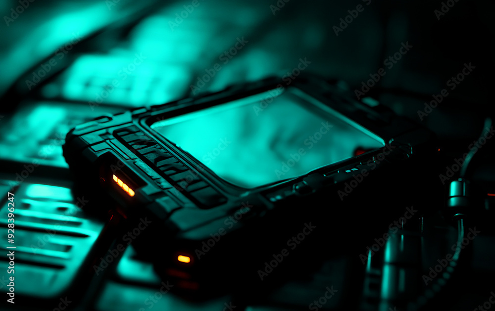 Aufkleber a rugged smartphone illuminated by cool turquoise light, showcasing advanced technology and design i
