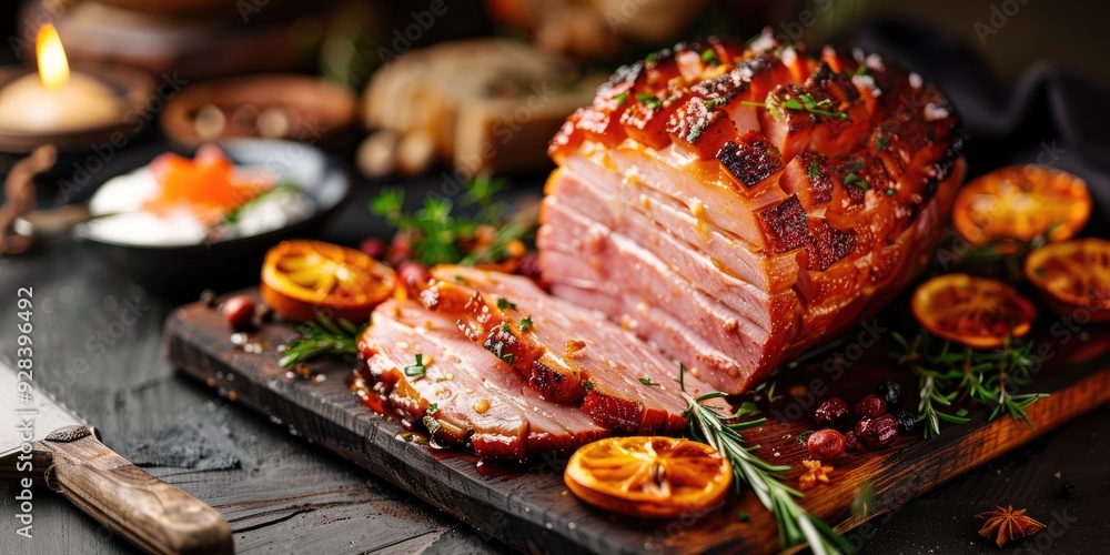 Poster baked ham on a cutting board with shallow depth of field