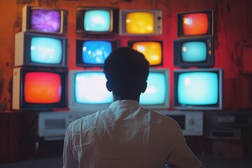Man watching old televisions showing colorful static images