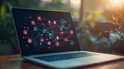 A laptop with neon light on the black background Hacker concept 