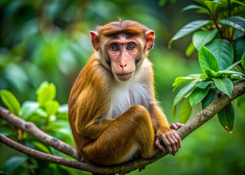 Vibrant reddish-brown toque macaque monkey with expressive eyes and agile limbs perched on a tree branch, surrounded by lush green foliage in its native Sri Lankan habitat.