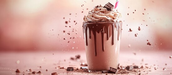 Decadent Chocolate Milkshake with Whipped Cream and Sprinkles in a Stylish Glass on a Pink Background