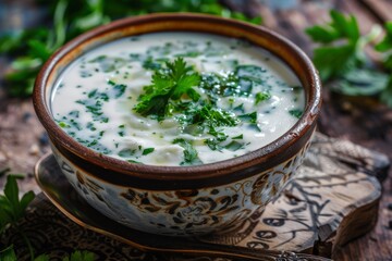 Kefir Soup Dovga or Tarator, National Sour-Milk Meal of Azerbaijani Cuisine with Yogurt, Herbs