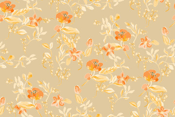 Obraz premium Cute feminine seamless watercolor pattern with little tiny wildflowers, hand drawn, not AI