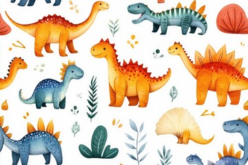 Colorful cartoon dinosaurs walking on a white background