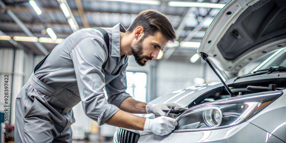 Wall mural young handsome caucasian man smiling confident worker working at auto repair