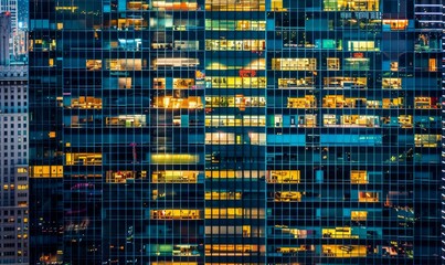 Aerial view of the  skyscraper windows at night with a lot of office people inside, who works overtime, Generative AI