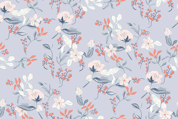 Cute feminine seamless watercolor pattern with little tiny wildflowers, hand drawn, not AI
