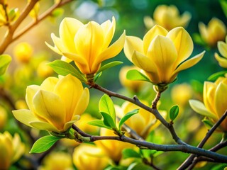 Fototapeta premium Vibrant yellow magnolia flowers bloom against a calming green background, creating a serene and cheerful atmosphere, perfect for spring and summer-inspired designs.