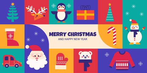 Fototapeta premium Christmas modern trendy design, christmas tree, gifts, winter elements and new years decorations. Vector illustration in flat geometric style