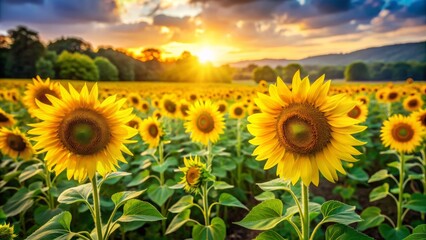 Obraz premium Vibrant yellow sunflowers stand tall in a lush green meadow, radiating warmth and happiness, symbolizing a carefree and joyful atmosphere, free from worries and negativity.