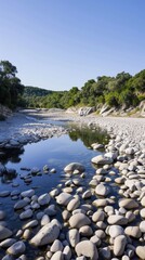 Obraz premium A tranquil river flows gently, surrounded by large rocks and vibrant greenery under the warm late morning sunlight