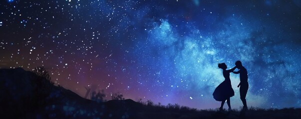 Fototapeta premium Romantic couple dancing under starry night sky, 4K hyperrealistic photo