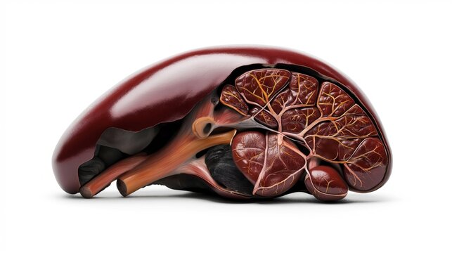 Detailed anatomical illustration of a human liver showing internal structures including hepatic veins, arteries, and lobules.
