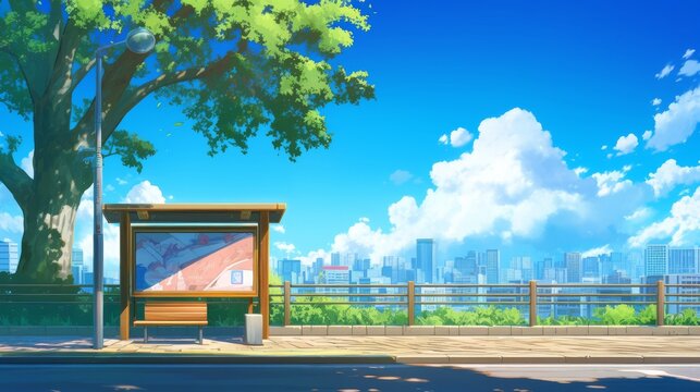 An anime style city bus stop with wooden benches and advertising boards, set against a bright summer day backdrop.
