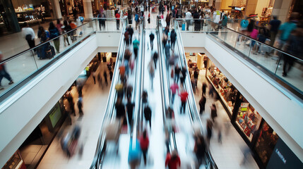 A wide shot of an overhead view from the top floor, looking down on people walking around in a shopping mall. The image has a motion blur effect. SALE, Black Friday, Holiday