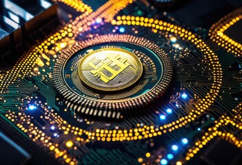 Obraz premium collection advanced coins displayed high tech digital circuit board intricate patterns components, technology, design, electronics, hardware, innovation