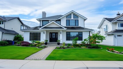 A classic white mansion stands majestically, framed by lush greenery and autumn leaves under a bright sky, creating a picturesque scene of elegance and tranquility