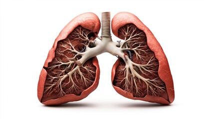 3D rendering of human lungs showing detailed anatomy with bronchi, bronchioles, and trachea on a white background.