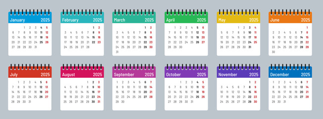 Colour, calendar template 2025, Months, week starts on Monday
