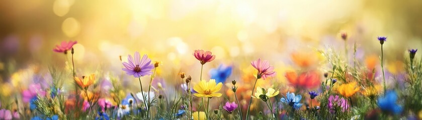 Beautiful Wildflower Meadow in Bloom with Vibrant Colors and Soft Sunlight in a Serene Natural Landscape