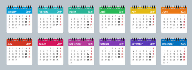 Colour, calendar template 2024, Months, week starts on Monday