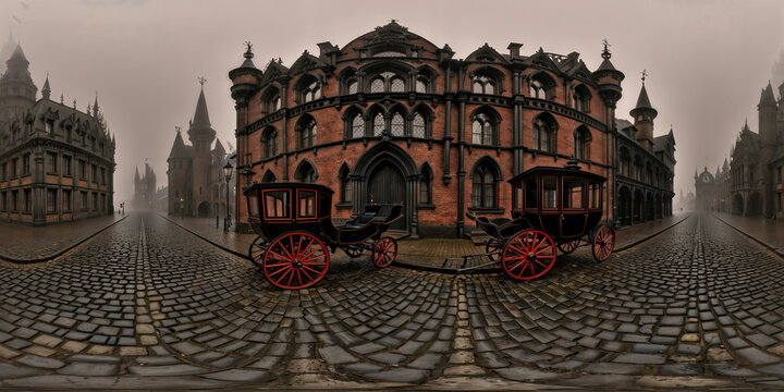 Full 360 degrees seamless spherical panorama HDRI equirectangular projection of a horse drawn carriage Victorian. Texture environment map for lighting and reflection source rendering 3d scenes.	
