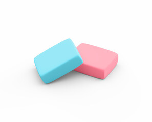 Blue And Pink Sleek Rectangular Erasers Are Slightly Overlapping On White Background 3D Illustration
