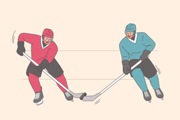 Obraz premium Two men play hockey, trying to take puck from opponent with stick and score goal.