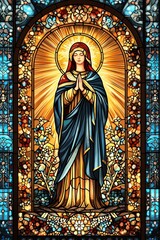 A beautifully detailed stained glass window depicting the Virgin Mary with a radiant halo