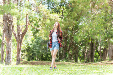 Woman Hikers Admiring and Forest walk and camping adventures