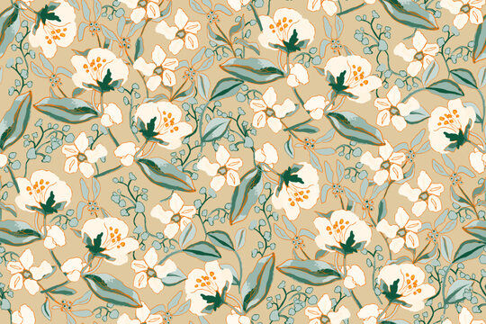 Cute feminine watercolor seamless pattern with wildflowers.hand drawn, not AI