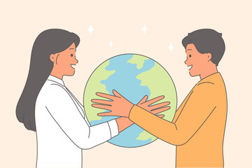 Planet in hands of men and women eco-activists who care about preserving environment