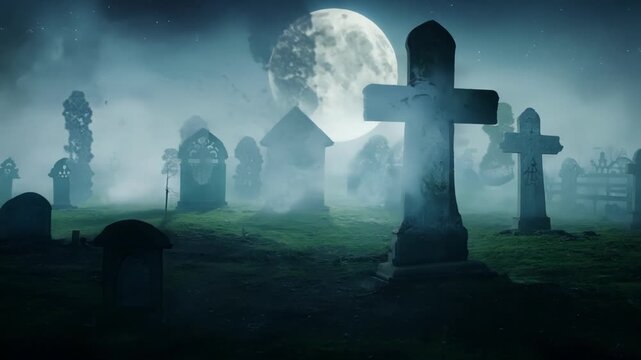 Spooky, misty graveyard is casting eerie shadows from the old headstones and crypts under the bright light of a full moon on halloween night
