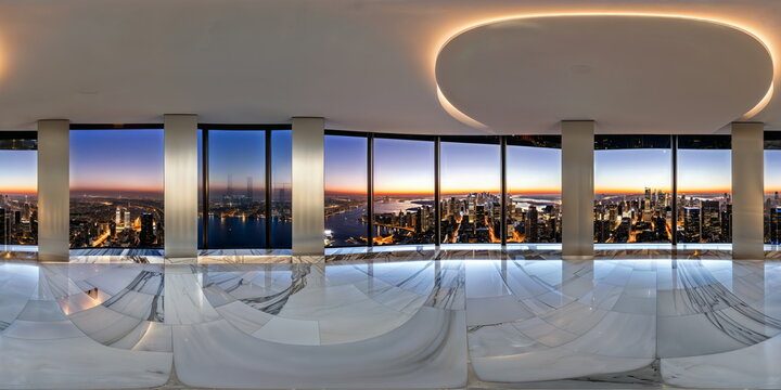Full 360 degrees seamless spherical panorama HDRI equirectangular projection of a large room with a view of the city. Texture environment map for lighting and reflection source rendering 3d scenes.	
