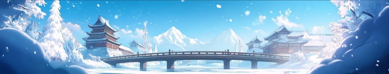 Winter's Enchantment: anime-style Traditional Architecture and Bridges in a Season of Serenity, the Ideal Canvas for Cozy Getaways and Idyllic Travel Posters in 4K,Anime-Style,illustration,Picture Boo