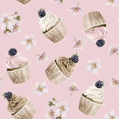 Cupcakes with blackberry and flowers. Watercolor seamless pattern on pink background for confectionery design, wrapping