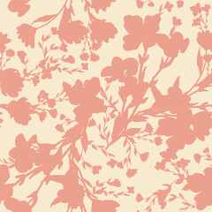 Simple monochrome two-color seamless pattern with flowers silhouette.