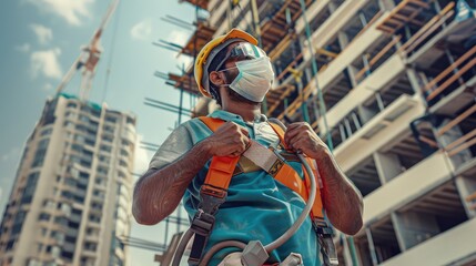 A construction worker wearing a high-grade dust mask, adjusting his safety harness on a high-rise building framework.