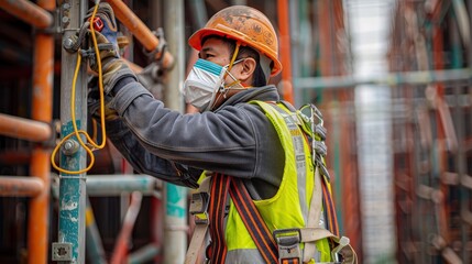 A construction worker wearing a high-grade dust mask, adjusting his safety harness on a high-rise building framework.