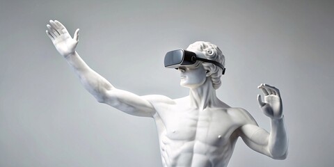 A classical marble statue of a man experiences virtual reality through a modern VR headset, blending the past and future of technology and art.