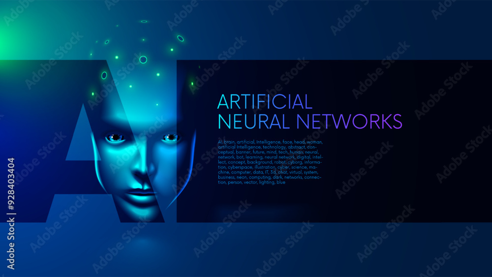 Aufkleber AI or Artificial Intelligence in image face or head woman with lighting brain. Artificial Intelligence technology abstract conceptual banner. Future tech human face. Neural network. AI bot learning.