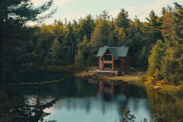 Fototapeta premium Lake Cabin with Trees