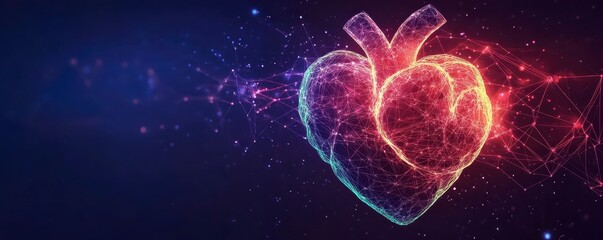 Naklejka premium Glowing neon heart with geometric lines on a cosmic background, blending tech, anatomy, and space.