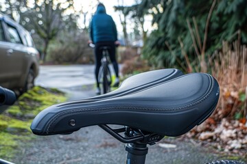 Foam cushioned bike seat without center cut out side view on driveway with rider in background