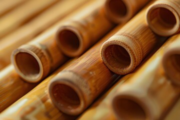 Focused on pan flute with blurred background showing musical details